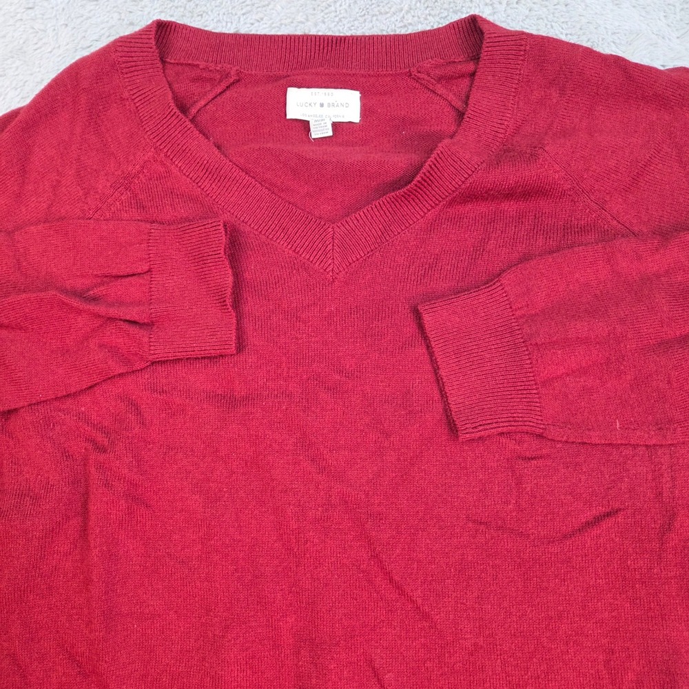Lucky Brand V-Neck Sweater Womens Sz M Raglan Sleeve Ribbed Trim Knit Top Red